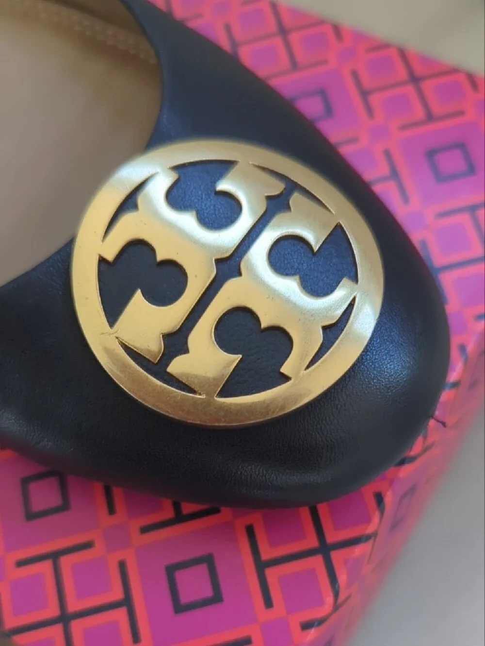 Tory Burch Black Leather Ballet Flats with Gold Logo Medallion